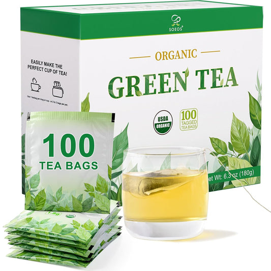 Soeos Organic Green Tea, 6.3 oz (180g), 100 Tea Bags, Refreshing and Fragrant, Sustainably Sourced, Ideal for Hot or Iced Tea, Long-Lasting Freshness