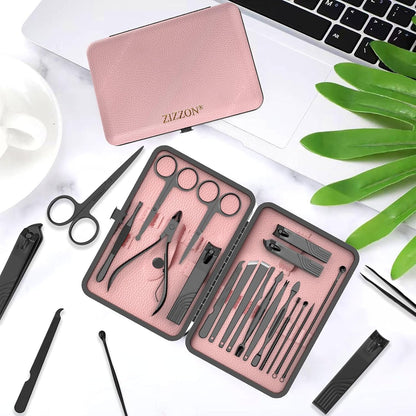 ZIZZON Nail Clippers Manicure Pedicure Set 18 in 1 Nail Grooming Kit with Leather Travel Case(Black/Pink)