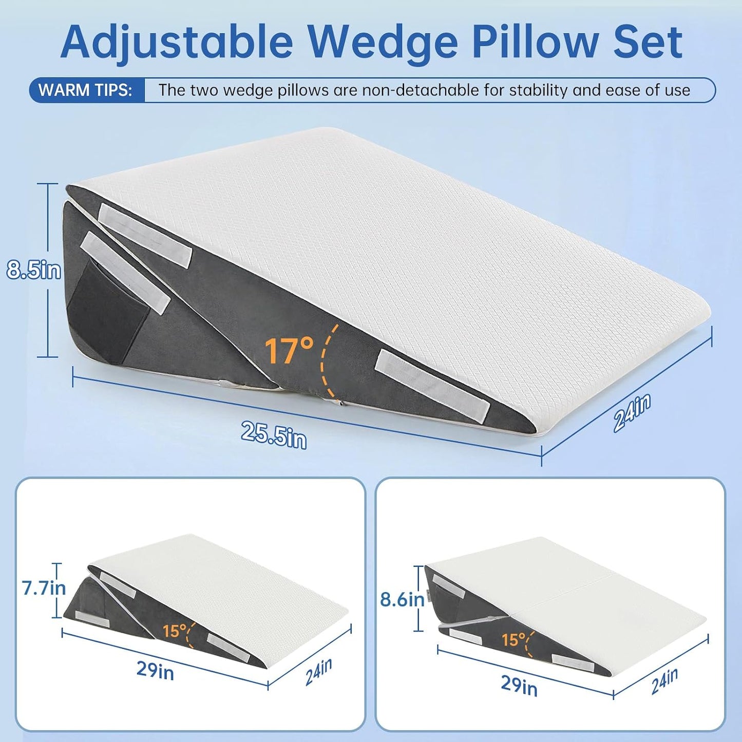 Vekkia 34" Extra-Long Wedge Pillow, Back & Arm Support, Bed Wedge Pillow for Sleeping After Surgery, Acid Reflux, Snoring Relief, Removable Washable Cover & Double Side Pockets, 5.5" Height, Gray
