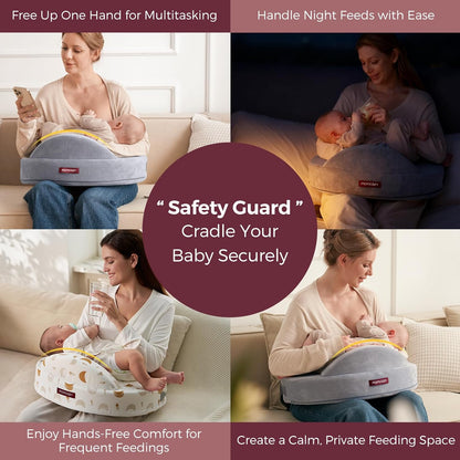 Momcozy CozyPro Nursing Pillow - All Around Lumbar & Arm Support - Safety Guard, Firm & Springy Memory Foam-Stable, Ergonomic Support, Easier Breastfeeding, Wider Cushion, Adjustable, Removable Cover