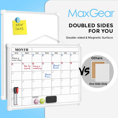 MaxGear Monthly Calendar Dry Erase Board for Wall, 16"x12", White Frame | Double-Sided, Hanging Small White Board, Portable Whiteboard for Planning, Drawing, Memo, to Do List, Home, Kitchen, Office