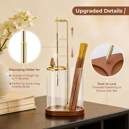 3 in 1 Incense Holder for Sticks Upside Down Anti-Ash Incense Burner with Glass Ash Catcher Backflow Cone Incense Diffuser with Adjustable Threaded Mounting for Mediation Yoga Spa Gifts Home Decor