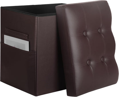 BelugaHelper Storage Ottoman Foot Rest Stool, Foldable Leather Footstool Storage Bench with Thicker Foam Padded Seat. Foot Rest Under Desk for Living Room Bedroom 350 lbs, 17x13x13 in, Brown