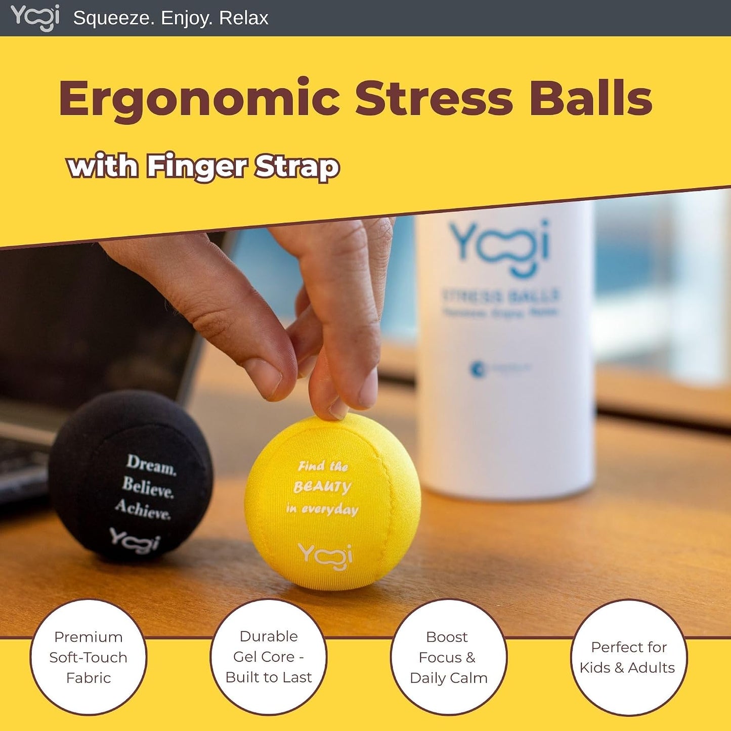 Yogi Stress Ball, Finger Strap, Stress Relief, Squeeze Ball for Anxiety