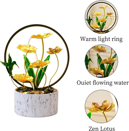 15" H Indoor Modern Tabletop Water Fountain LED Light, Yoga Meditation Room Father Day Decor Lotus Flower Floor-Standing Fountain