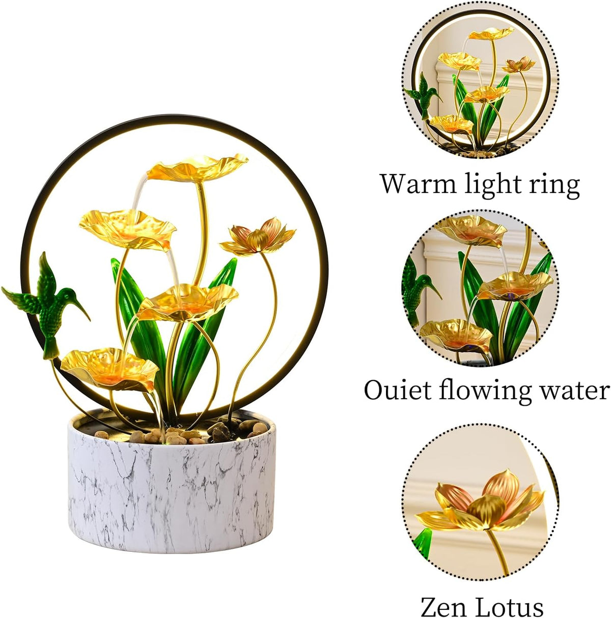 15" H Indoor Modern Tabletop Water Fountain LED Light, Yoga Meditation Room Father Day Decor Lotus Flower Floor-Standing Fountain