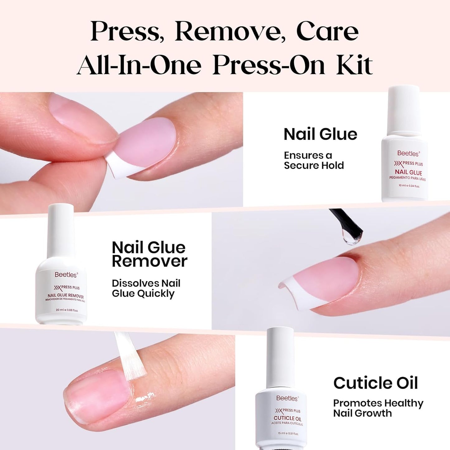 Beetles Press On Nail Kit-Short Square French Tip Press On Nails, 150Pcs Pink French Nail Tips with Nail Glue & Remover Builder Top Coat Nail Lamp, All-in-One DIY Fake Nails Gift for Women