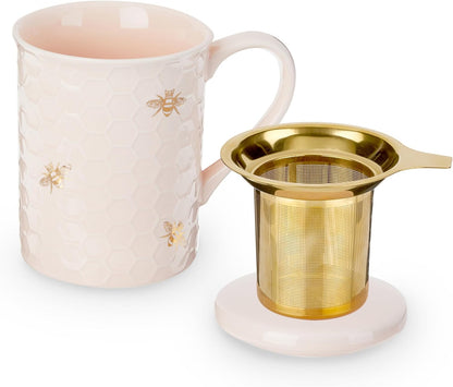 Pinky Up Annette Ceramic Tea Cup with Infuser and Lid, Travel Mug for Loose Leaf Teas, Home Office, Camping, Picnic Party, 12 oz, Set of 1, Honeycomb
