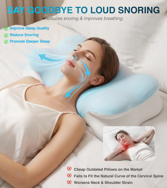 Ergo Pillow for Sleep Apnea, Cervical Neck Pillow for Neck Pain & Snoring Relief, Ergonomic Cooling Memory Foam Contour Bed Pillow, Orthopedic Neck Support for Side Back Stomach Night Sleepers
