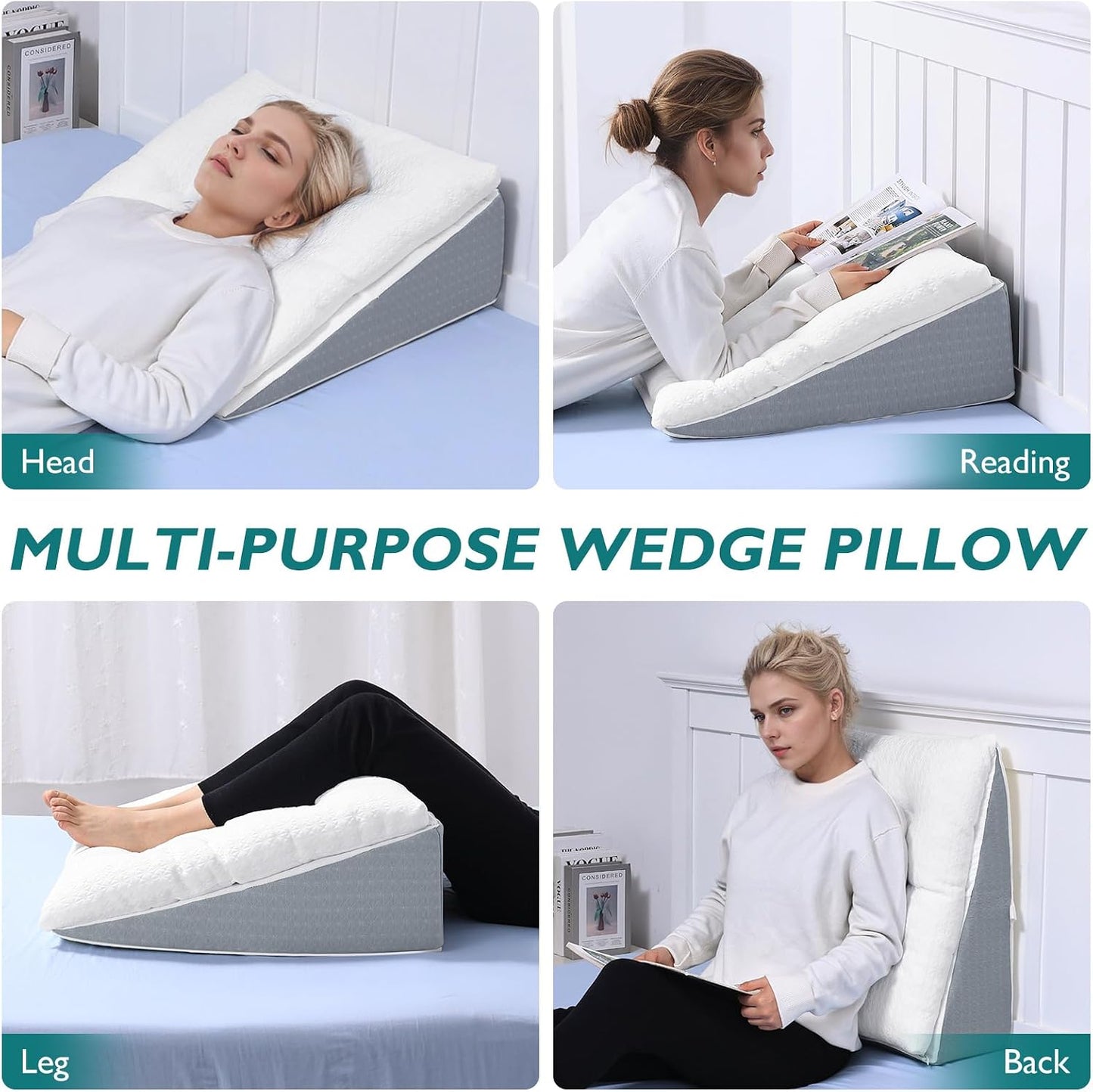 Bed Wedge Pillow for Sleep Apnea 7.5Inch Gerd Pillow Patent Dual Layer Triangle Pillow Adjustable Shredded Memory Foam Topper Soft Support Ideal for Acid Reflux, After Surgery, Snoring