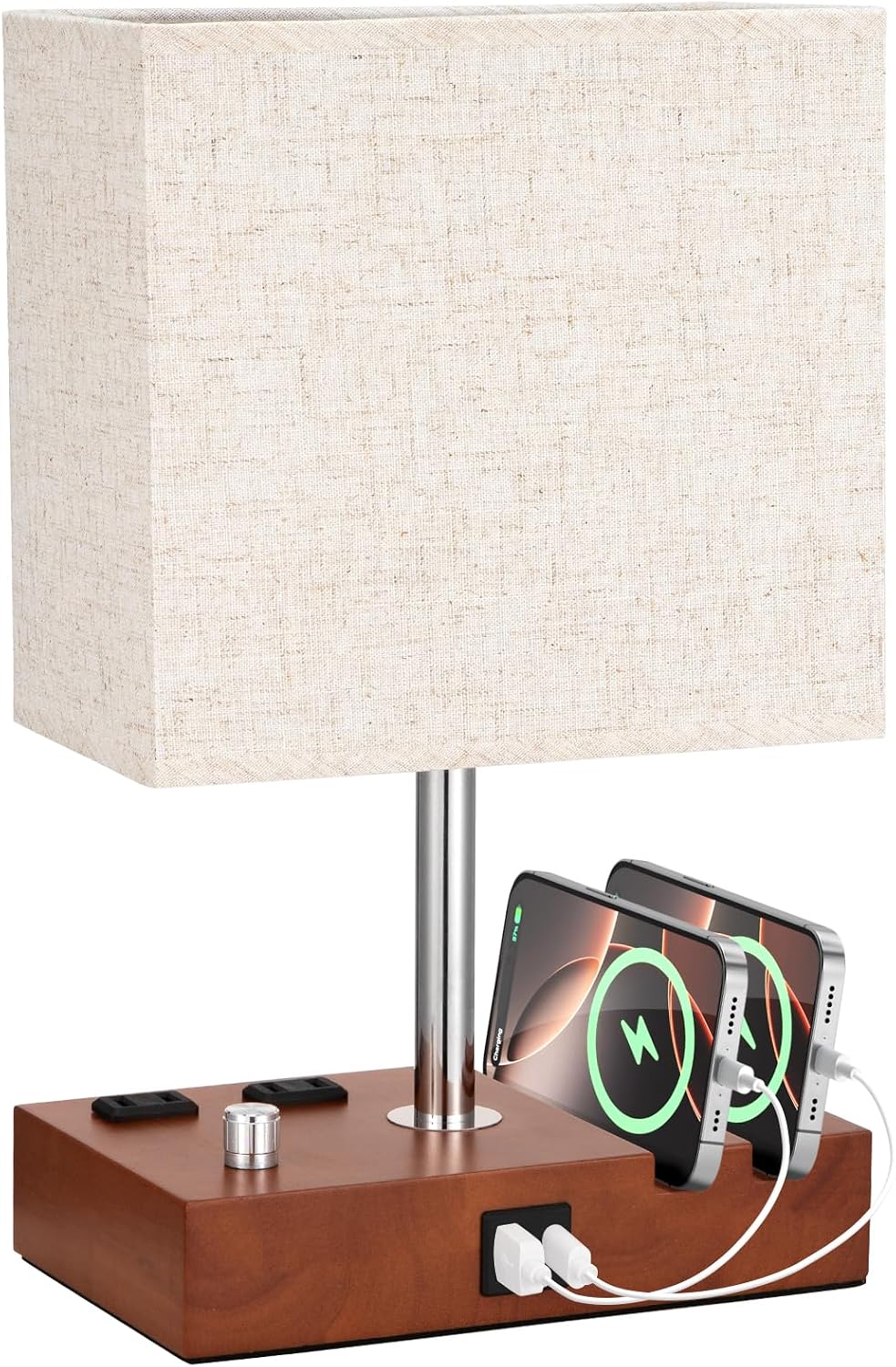 Kakanuo Fully Dimmable Nightstand Lamp for Bedroom with USB C Ports, Grey Small Bedside Table Lamp with Charging Outlets and Phone Stands, Wooden Desk Lamp for Living Room, LED Bulb Included