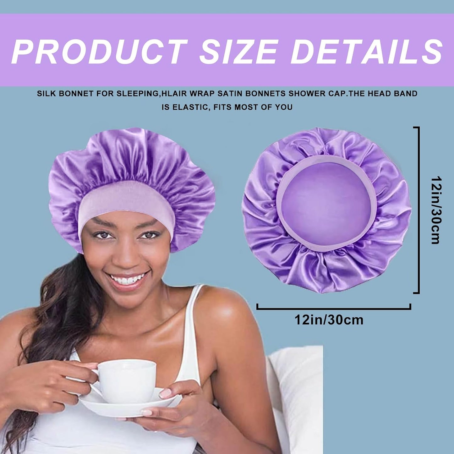 4PCS Silk Satin Bonnets for Black Women & Men - Elastic Wide Band Hair Wrap Cap for Curly Hair - Shower Cap for Sleeping (Black, Peacock Blue, Pink, Khaki)