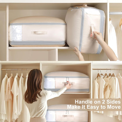 Comforter Storage Bag - Large Capacity Blanket Storage Bags 3-Layer Ultra Space Saving Self Compression Organizer, Washable Compression Bags for Storage Comforter Blanket, Beige