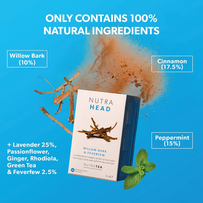NUTRAHEAD - Migraine Relief Tea | Headache Relief Tea - For Migraine & Tension Headache Relief - Includes Feverfew, Willow Bark & Rhodiola - 20 Enveloped Tea Bags - by Nutra Tea - Herbal Tea
