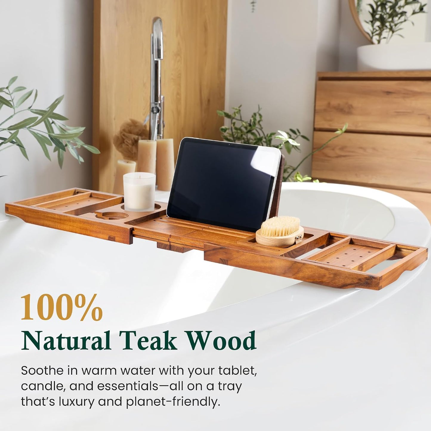 Bamboo Bathtub Tray, Bath Caddy with Wine Glass Holder, Phone Dock & Book Stand | Hands-Free Reading & Ultimate Spa Relaxation Experience-Brown