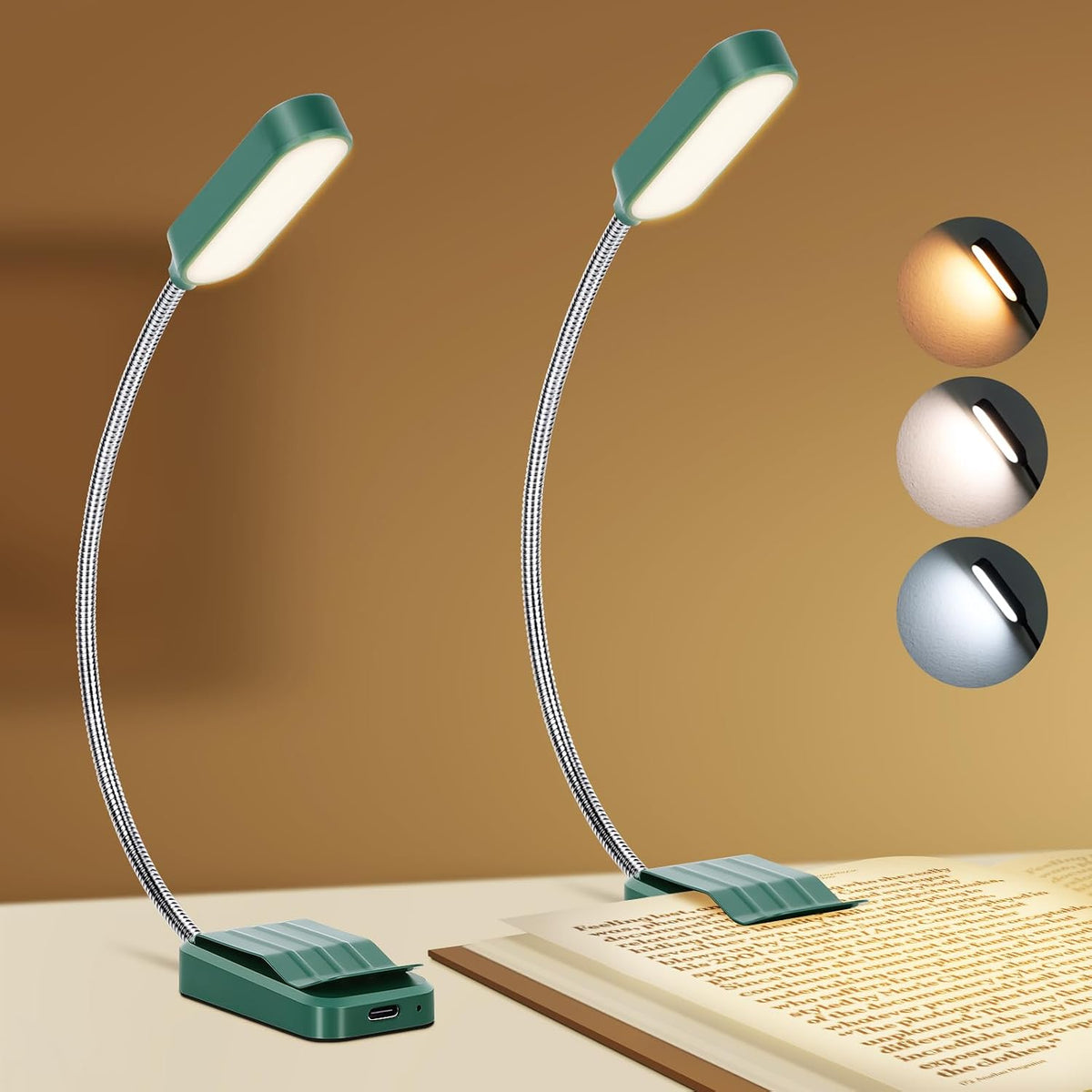 2 Pack Rechargeable Book Lights for Reading at Night, Eye-Caring Clip-On Reading Lights with 3 Color Temperatures & 3 Brightness Levels, Long Runtime Small Lightweight Clip on Lamp, Gifts for Reader