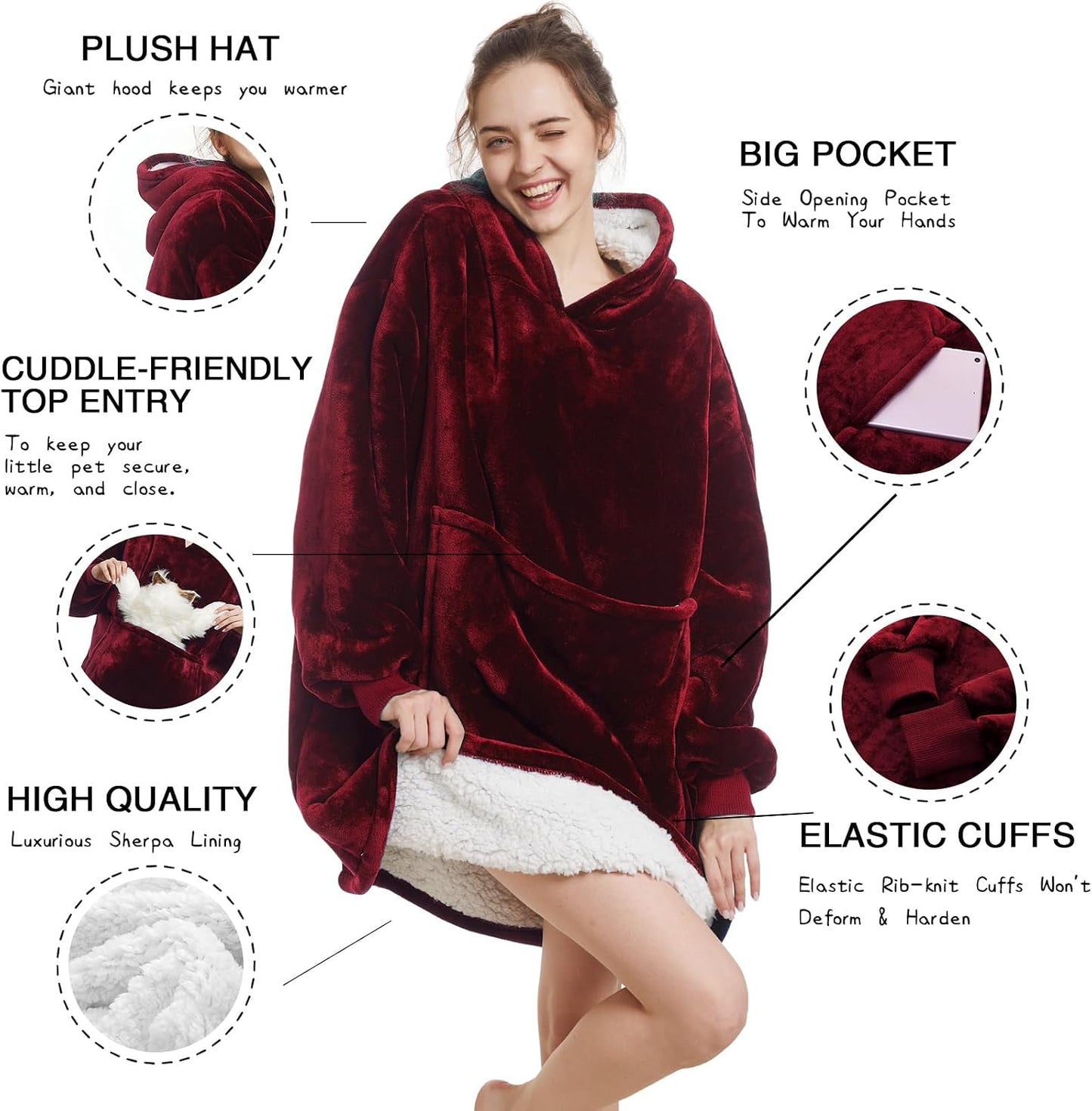 Aemilas Wearable Blanket Hoodie - Warm Sherpa Blanket Sweatshirt as Gifts for Adult Women Mom Men, One Size Fits All