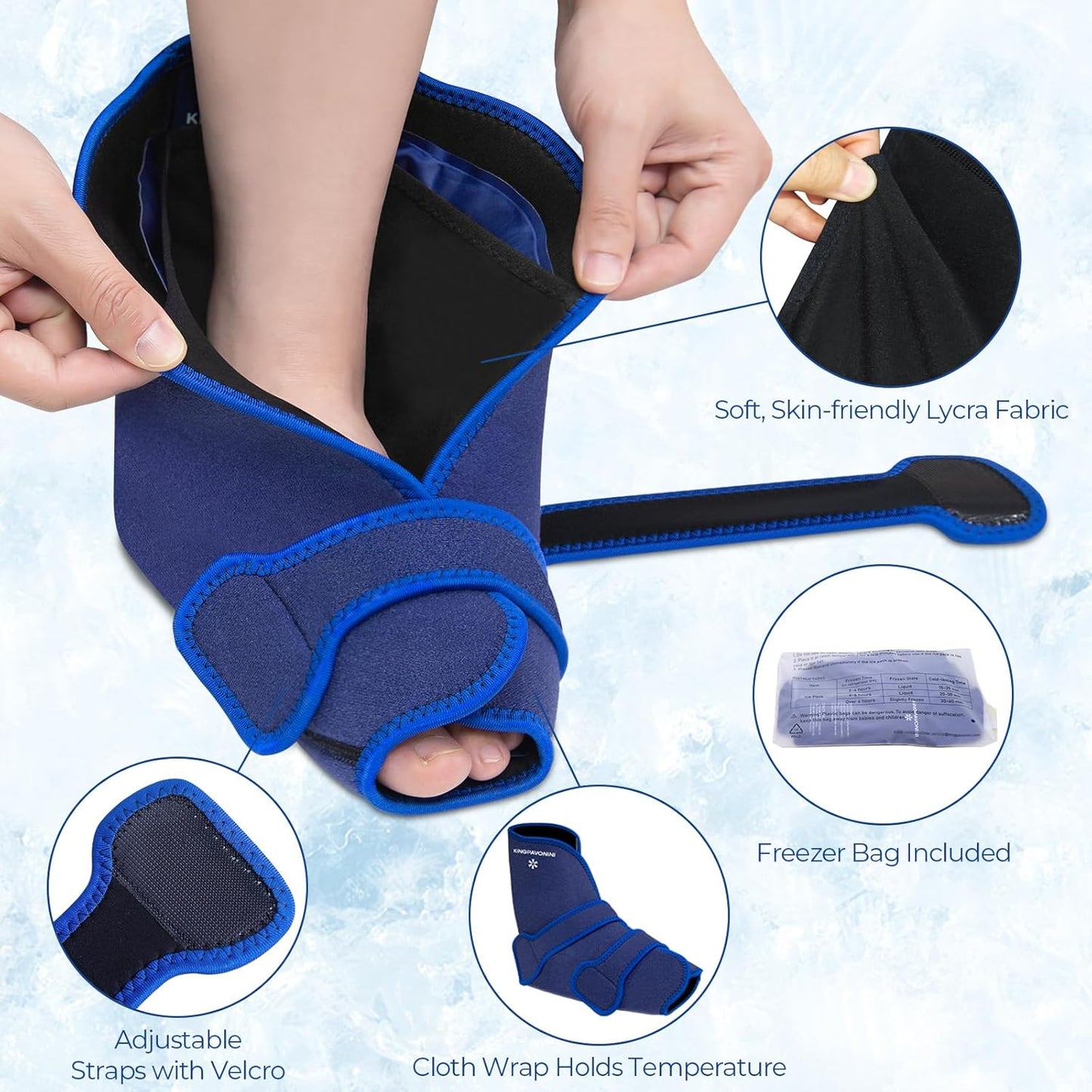 KingPavonini Ankle Foot Ice Pack Wrap for Sprained Ankle/Surgery Recovery, Reusable Gel Ice Packs for Feet Injuries, Plantar Fasciitis, Achilles Tendonitis, Hot/Cold Therapy, XL (1 Wrap+4 Gel Packs)