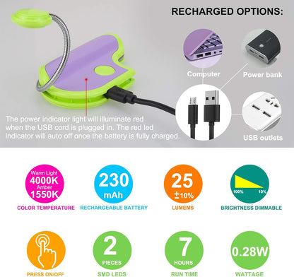 BIGMONAT Rechargeable Reading Light for Kids,Small Amber Book Light,Multi Colors Portable LED Reading Lamp with 361° Rotary Light Neck,Wireless Clip Reading Light for Books (White)