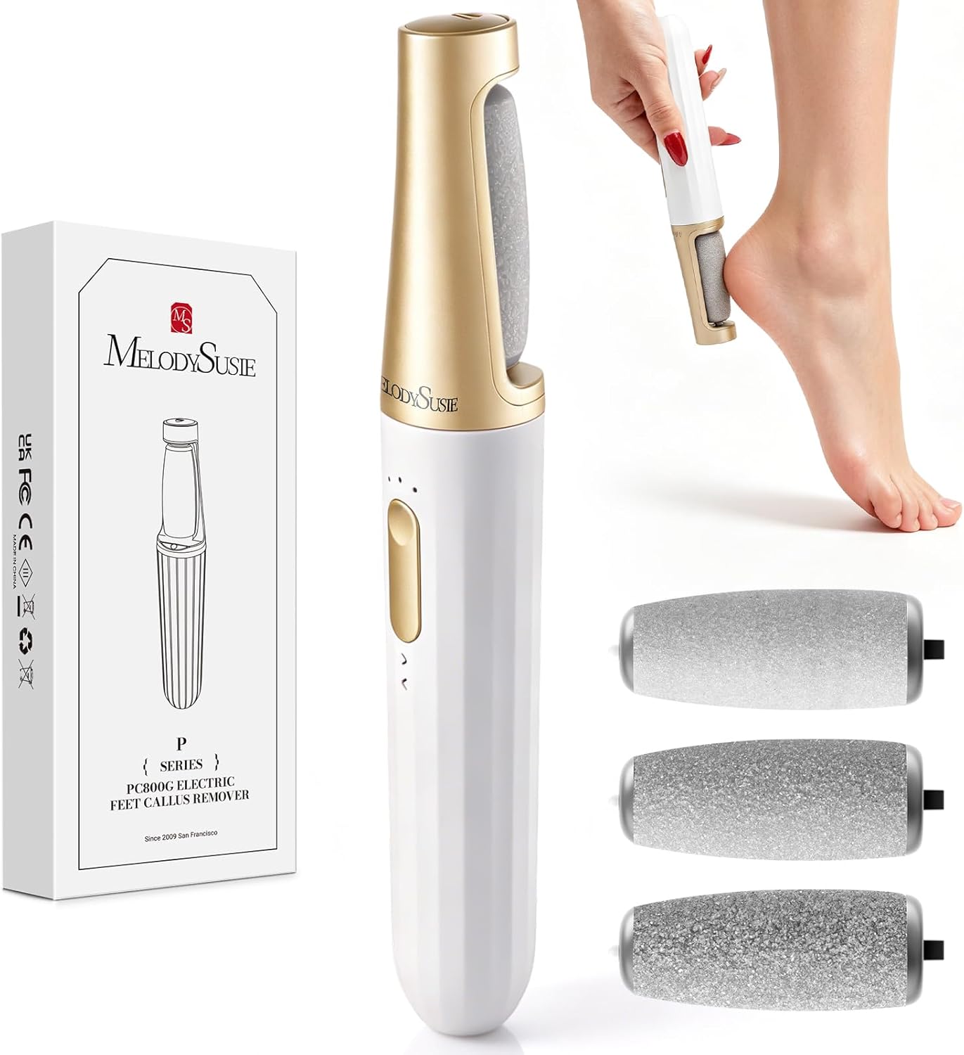 MelodySusie Electric Callus Remover for Feet, PC800G Waterproof Rechargeable Pedicure Tool with Light & 3 Different Grits Roller Heads & Adjustable Speeds, for Dead Skin & Cracked Heel (Pink Rose)