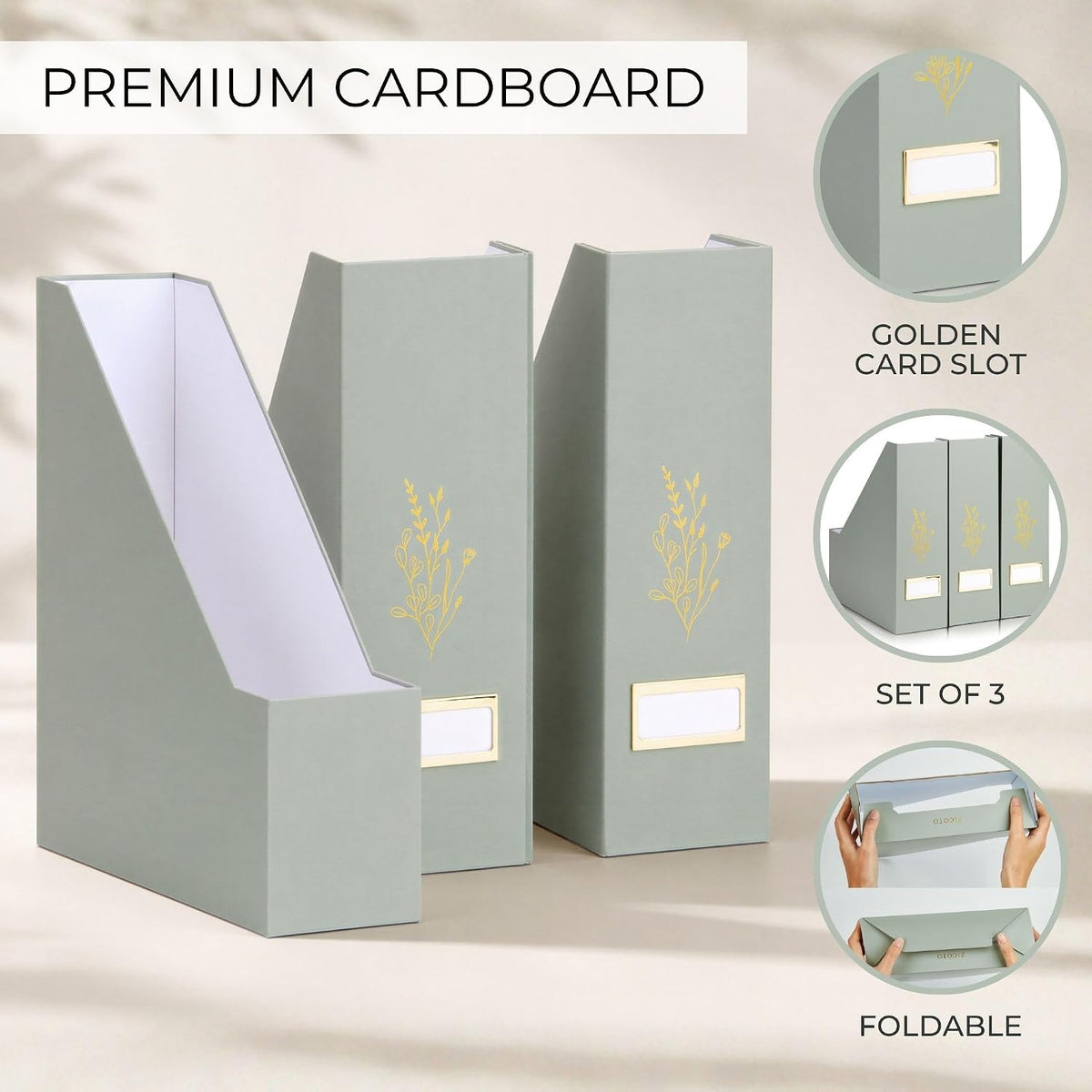 Beautiful Magazine Holder Set of 3 - Sturdy File Holder for Desk or Shelves