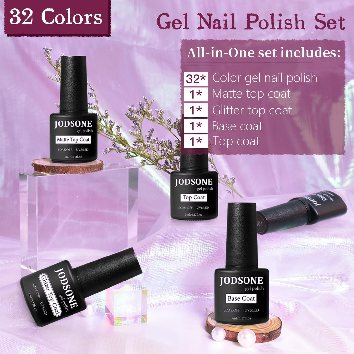 JODSONE Gel Nail Polish Kit 60 PCS with U V Light Soak off Base Top Coat 55 Shine Colors Gel Nail Kit Bright and Dark Brown Wine Red Series Manicure Set for Women and Girls