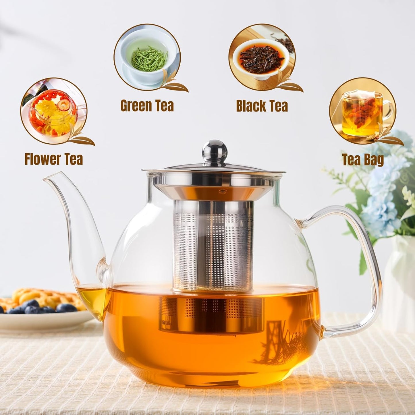 PARACITY Glass Teapot Stovetop 40 OZ/1200ml, Borosilicate Clear Tea Kettle with Removable 18/8 Stainless Steel Infuser, Teapot Blooming and Loose Leaf Tea Maker Tea Brewer for Camping, Travel