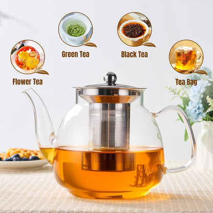 PARACITY Glass Teapot Stovetop 40 OZ/1200ml, Borosilicate Clear Tea Kettle with Removable 18/8 Stainless Steel Infuser, Teapot Blooming and Loose Leaf Tea Maker Tea Brewer for Camping, Travel