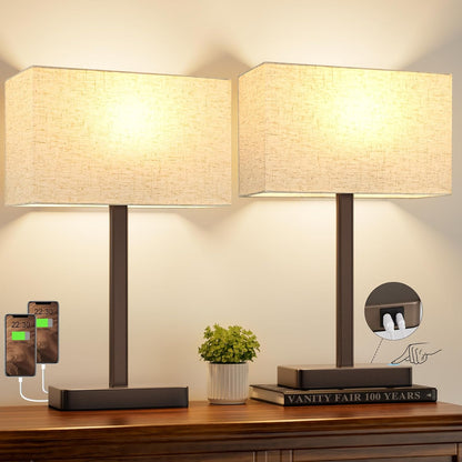 Hong-in Touch Lamps for Bedroom - 3-Way Dimmable Bedside Lamps Set of 2 with USB C+A, Grey Modern Table Lamp for Night Stands, Desk Lamp for Living Room Nightstand End Tables Bed Side