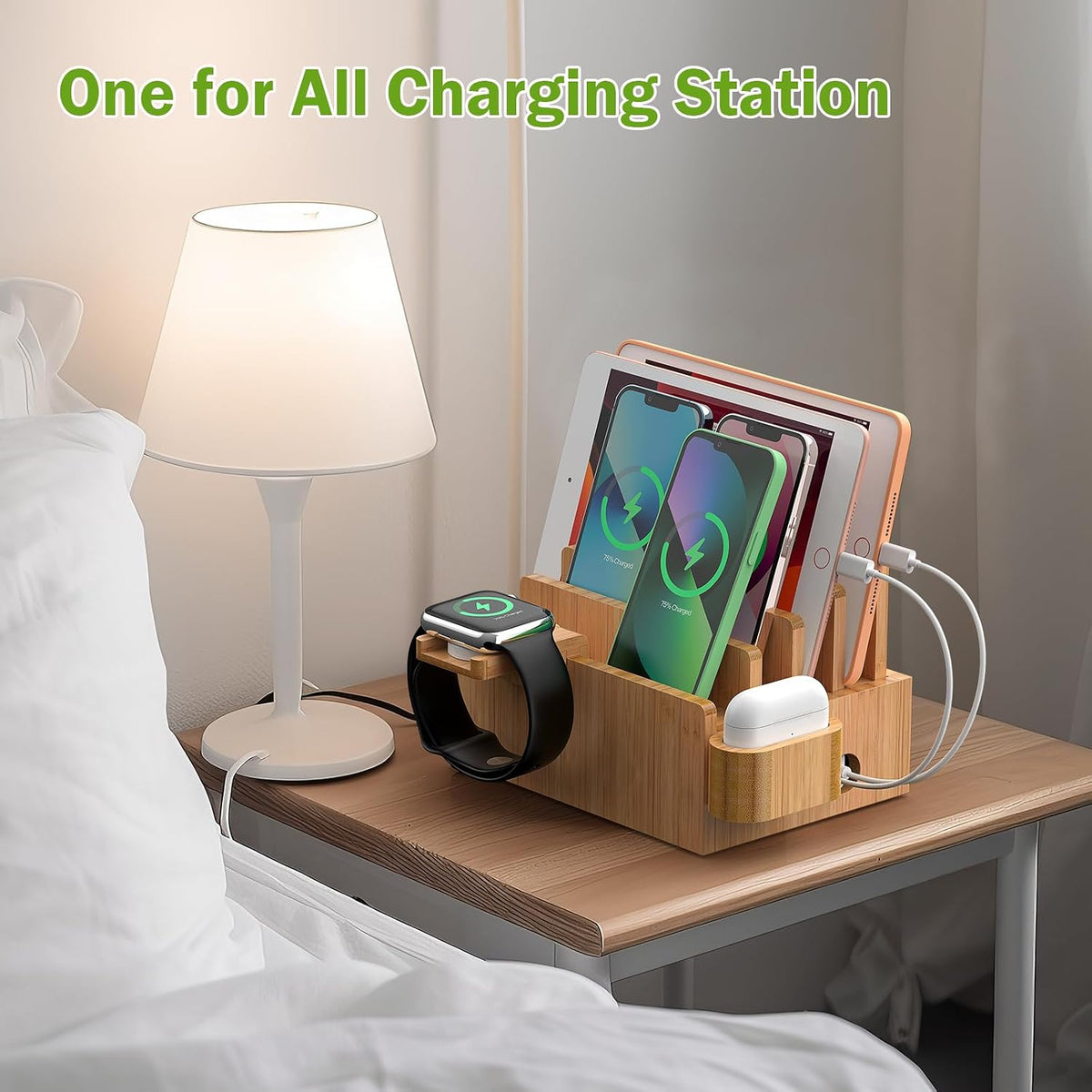 Pezin & Hulin Bamboo Charging Station for Phone, Watch&Earbud with 5 Cables