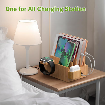 Pezin & Hulin Bamboo Charging Station for Phone, Watch&Earbud with 5 Cables