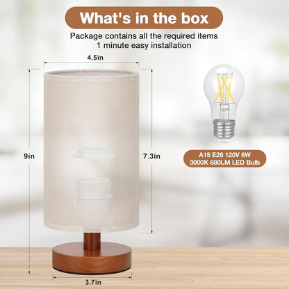 Fenmzee Small Table Lamp for Bedroom - Inline Control, Bedside Lamp with 3000K A15 LED Blub, Easy Assembly (Cream Shade - Wood Base, 9" Inline Control)