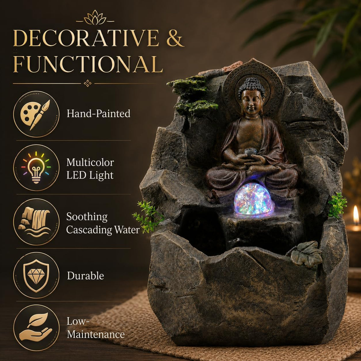 Indoor Tabletop Water Fountain with LED Light, Resin Rock-Look Waterfall Decor, Feng Shui Inspired Zen Fountain for Desk, Office, Bedroom, Living Room & Meditation Space (9" Cascading Rock)