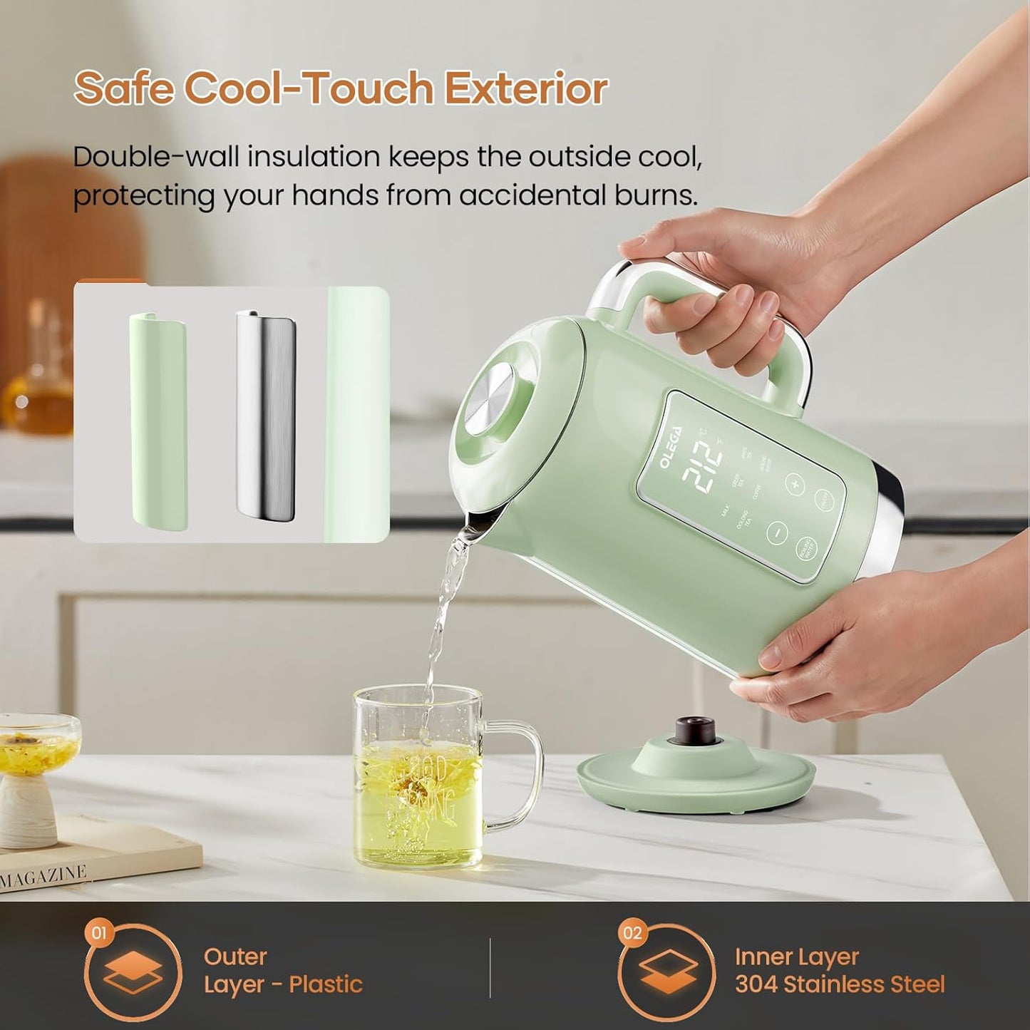 Electric Kettle Temperature Control: OLEGA 1.5L Stainless Steel Smart Kettle Hot Water Boiler, 6 Temp Presets, 1200W Fast Boiling Electric Tea & Coffee Kettle, Electric Kettles Teapot for Home -Green