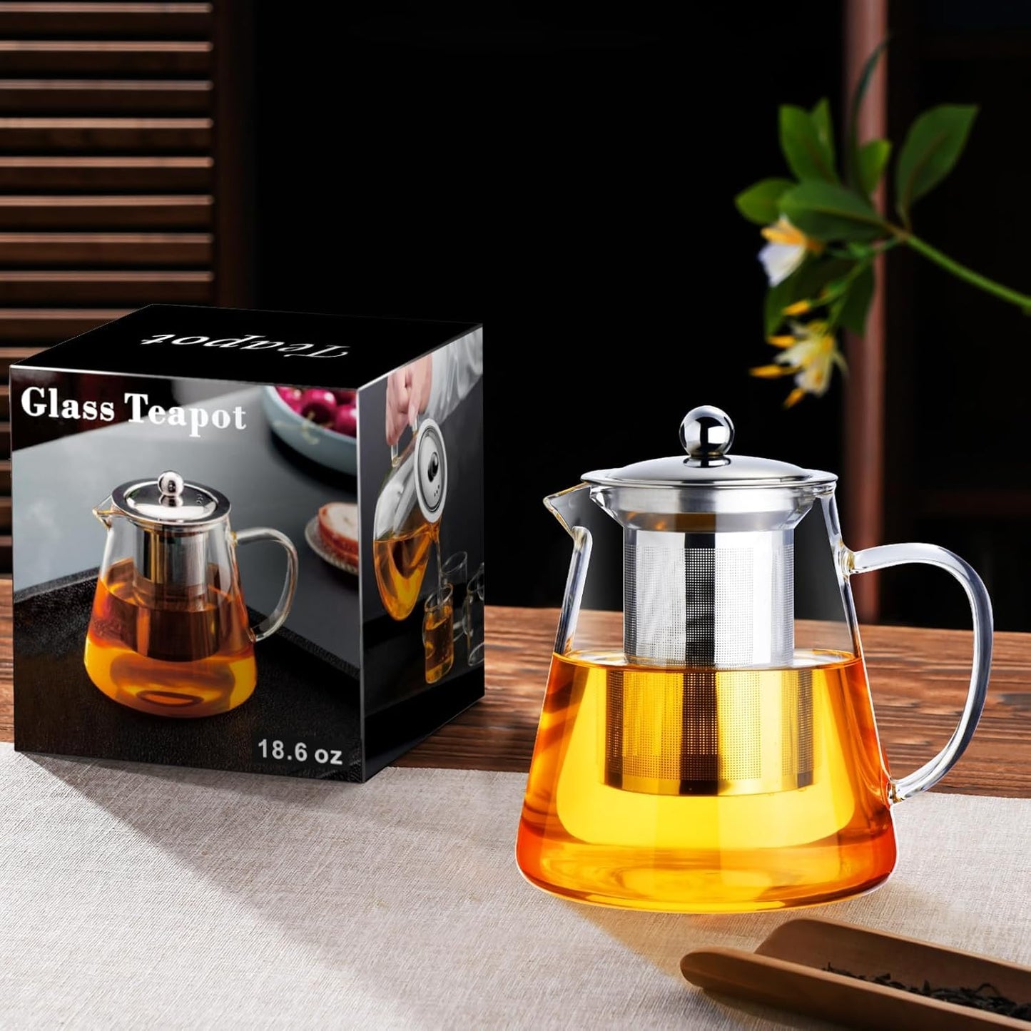 Baalaka Glass Teapot Stovetop 20 OZ/600ml, Tea pot with Removable 18/8 Stainless Steel Infuser, Borosilicate Clear Tea Kettle, Teapot Blooming and Loose Leaf Tea Maker Tea Brewer for Camping, Travel