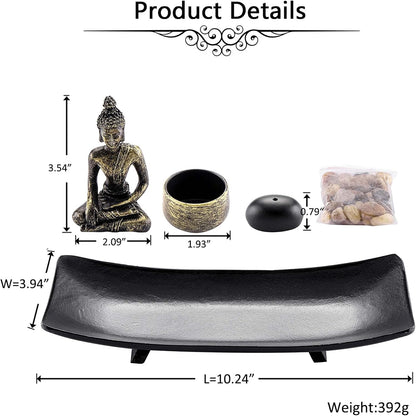 Jovivi Zen Garden Set Buddha Statue w/Tealight Candle Holder, Rocks & Incense Burner Holder & Wood Tray for Yoga Meditation Home Table Decor Gift