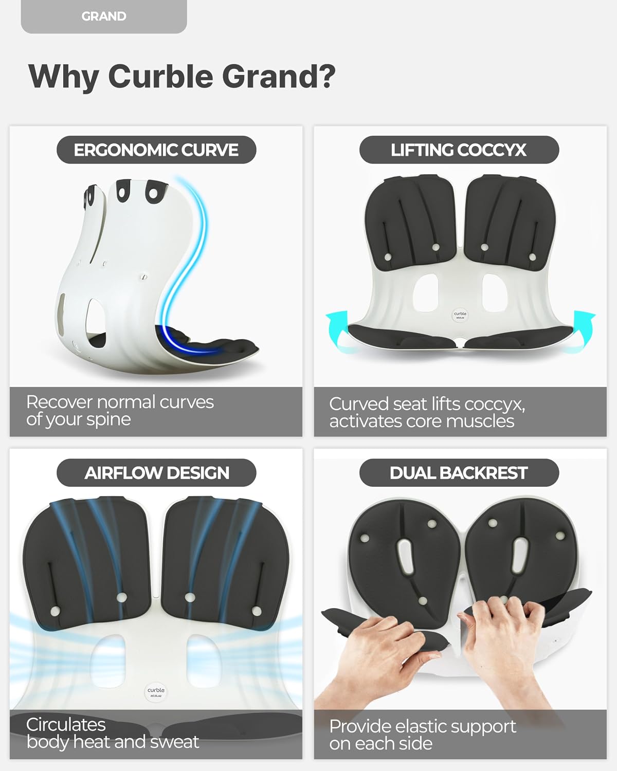 curble Grand– Extra Wide Ergonomic Seat Support, Sit Straighter Without Effort, Passive Posture Trainer for Office, Home & Car (Grey)