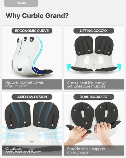 curble Grand– Extra Wide Ergonomic Seat Support, Sit Straighter Without Effort, Passive Posture Trainer for Office, Home & Car (Grey)