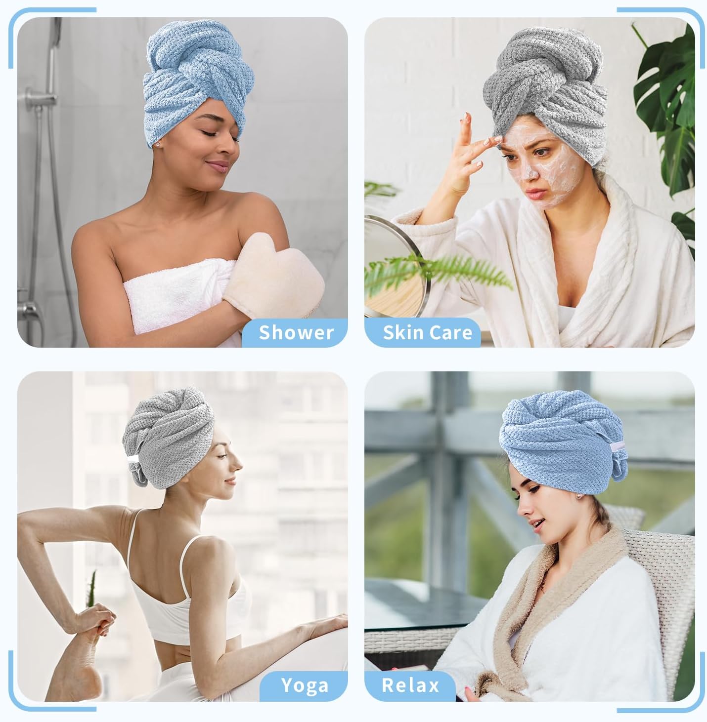 my novel things 2 Pack Extra Large Microfiber Hair Towel Wrap for Women, 37.4" x 26.4" Super Absorbent & Quick Dry with Elastic Strap for Curly Hair (Blue)