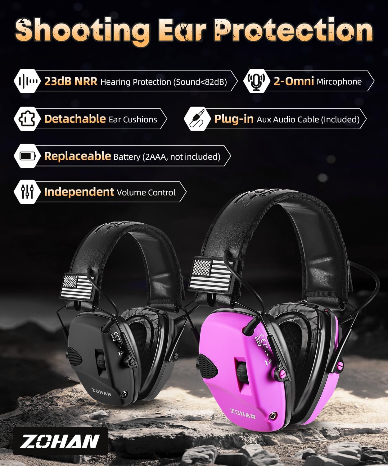 ZOHAN Electronic Shooting Earmuffs Built in Ambient Sound Amplifier, Hearing Protection for Shooters, NRR 23dB Noise Reduction, Ideal Gun Range Ear Protection Headphones for Hunting-Black&Purple