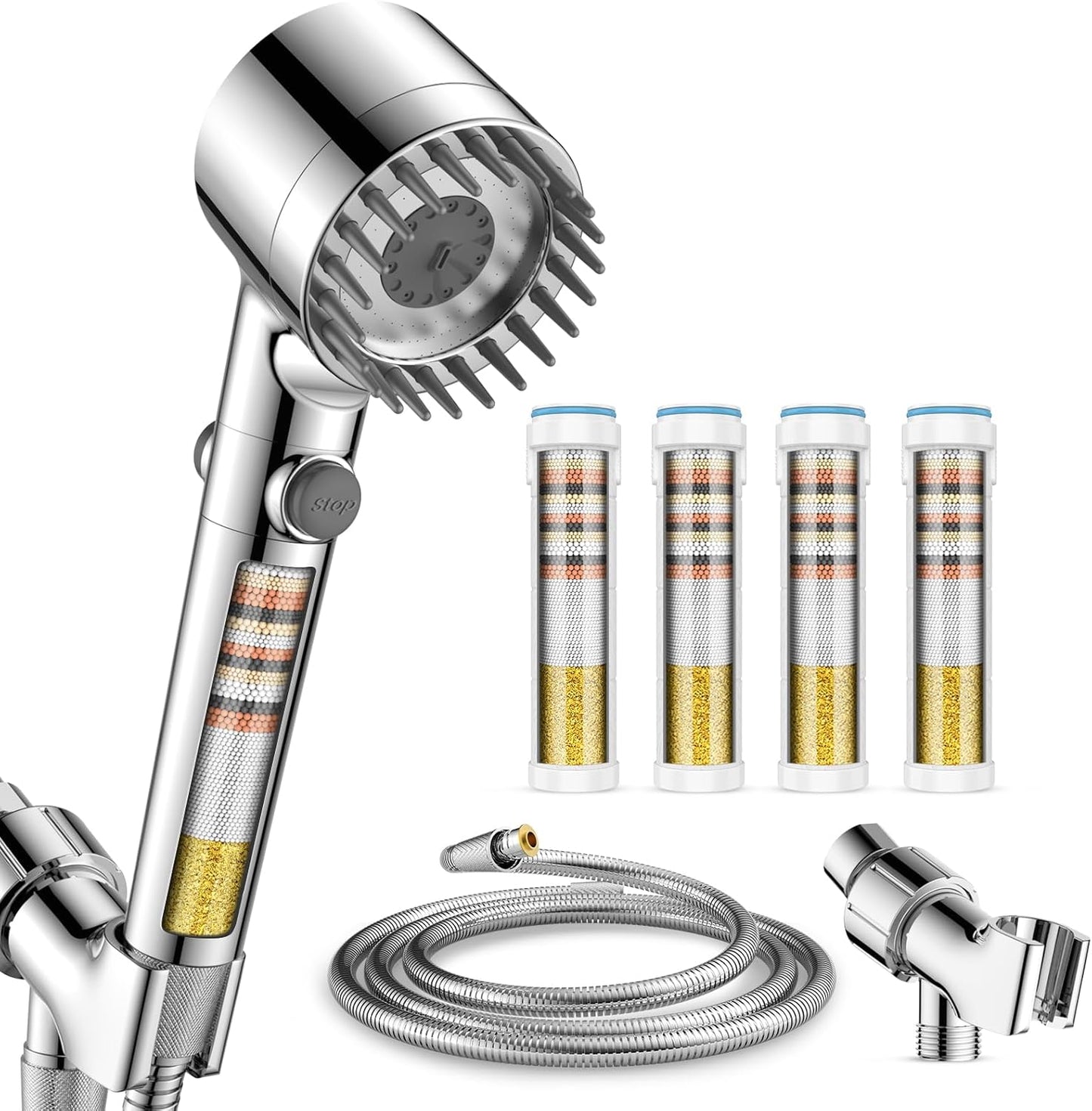 Filtered Shower Head with Handheld with 4PCS Filters, High Pressure 4 Spray Modes Shower heads with Filter, IronDrops Water Softener Filter for Hard Water 70" Hose (Chrome)