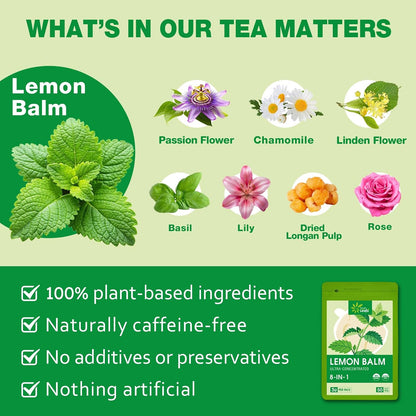 EnrychLeafo Lemon Balm Leaves Tea for Relaxation & Sleep Support, 8-in-1 Calming Herbal Blend with Chamomile & Passionflower, Caffeine Free, 50 Tea Bags