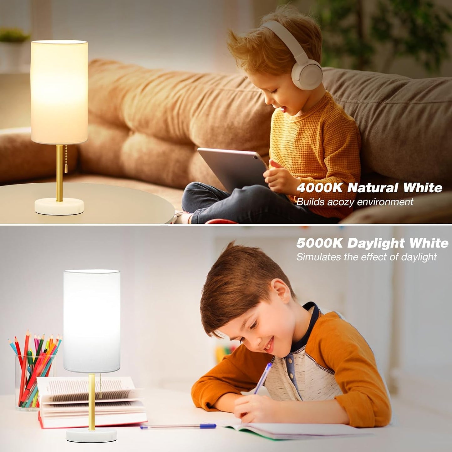 Small Bedside Table lamp for Bedroom - 3 Color Temperatures Bedside Lamps with USB C and A Ports, Pull Chain Table Lamps with AC Outlet, White Nightstand Lamps with Black Metal Base for Kids Reading