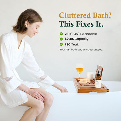 Bamboo Bathtub Tray, Bath Caddy with Wine Glass Holder, Phone Dock & Book Stand | Hands-Free Reading & Ultimate Spa Relaxation Experience-Brown