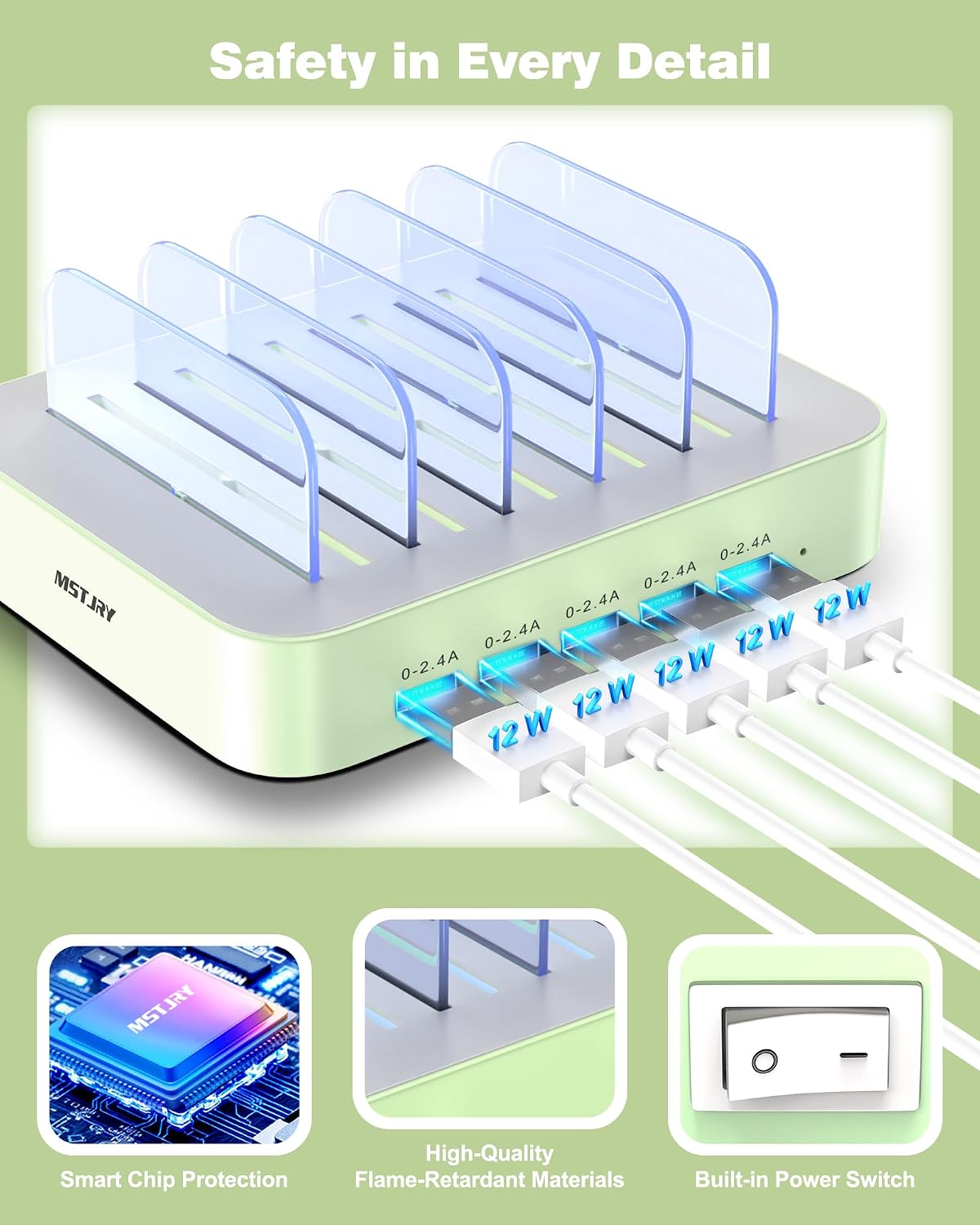 MSTJRY Charging Station for Multiple Devices : 5 Port Multi USB-A Charger Stations Multi-Device Organizer Charging Dock Designed for iPhone iPad Cell Phone Tablets (7 Short Cables Included)