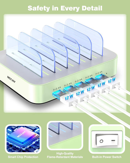 MSTJRY Charging Station for Multiple Devices : 5 Port Multi USB-A Charger Stations Multi-Device Organizer Charging Dock Designed for iPhone iPad Cell Phone Tablets (7 Short Cables Included)