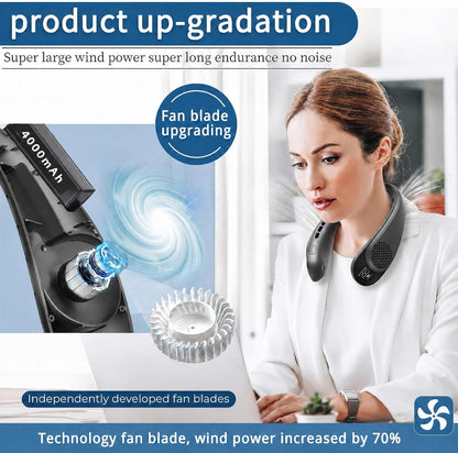 ASNUG Neck Fan, USB Rechargeable Personal Fan, 4000 mAh Battery Operated, 3 Speeds Adjustable, Faster Cooling, Ultra Quiet, Suitable for Home, Office, Travel, Sports