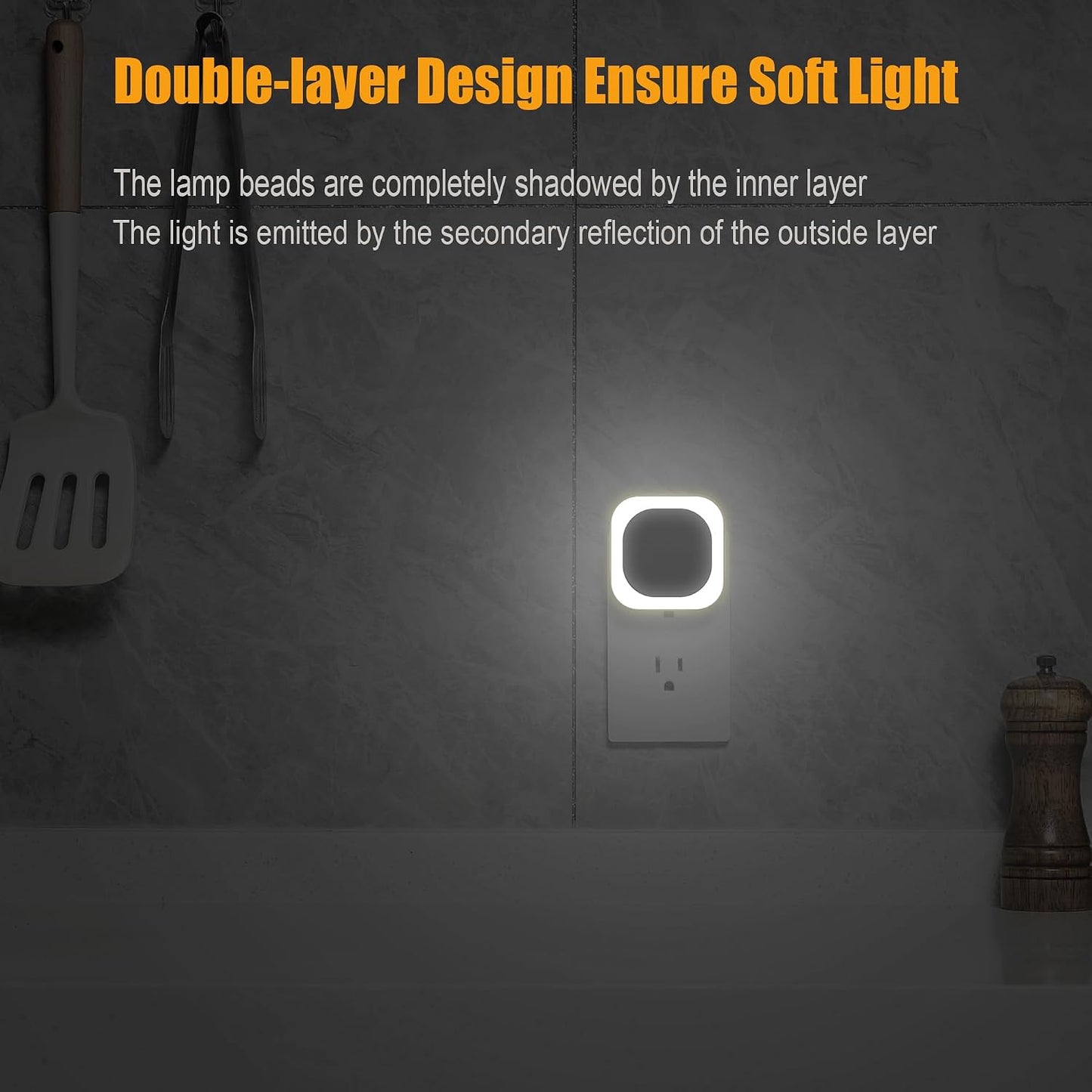 YUNLEX 2 Pack Amber Night Light, Dusk to Dawn Sensor, Warm Glare-Free Reflected Glow, 3-Level Dimmer, Auto On/Off, Plug-in LED Nightlight for Bedroom, Kids, Bathroom, Sleep, Baby Nursery, Toddler