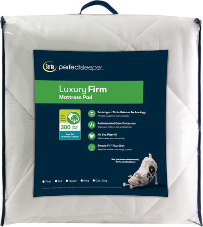 Serta Luxury Firm 100% Cotton Quilted Mattress Pad with Cooling Fiber Fill, King, White