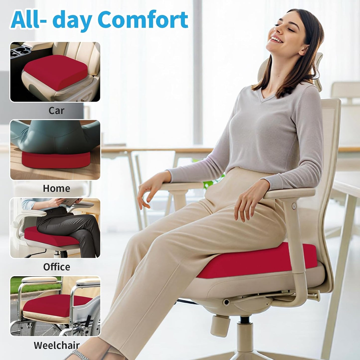 TranquilRelax Large Seat Cushion, Memory Foam Cushion for Long Sitting Hours on Office Chair, Car Seat, Non-Slip Chair Pad for Sciatica, Coccyx, Tailbone Pain Relief & Post-Surgery Recovery (Black)
